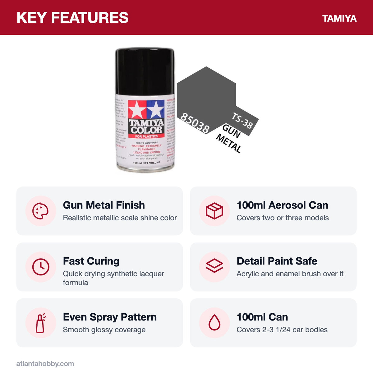 Tamiya TS-38 Gun Metal Lacquer Spray Paint, 100ml key features