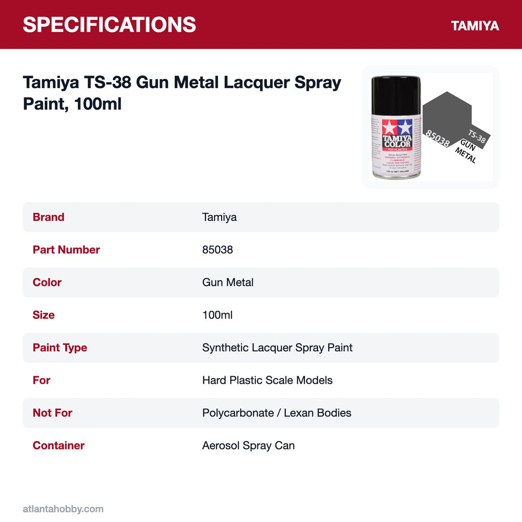 Tamiya TS-38 Gun Metal Lacquer Spray Paint, 100ml specifications