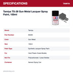 Tamiya TS-38 Gun Metal Lacquer Spray Paint, 100ml specifications