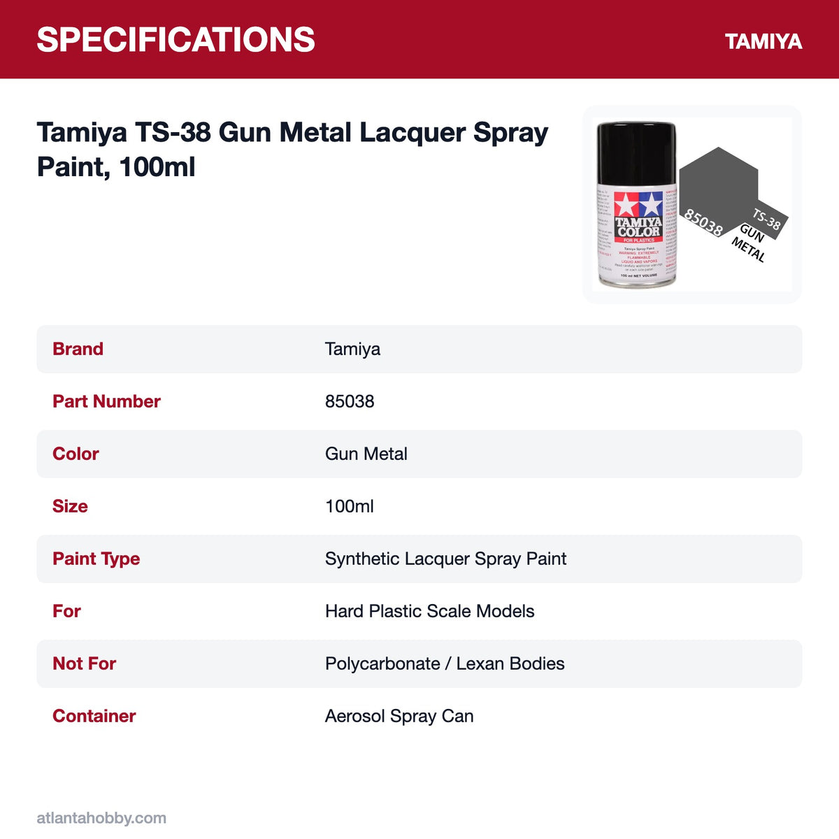 Tamiya TS-38 Gun Metal Lacquer Spray Paint, 100ml specifications