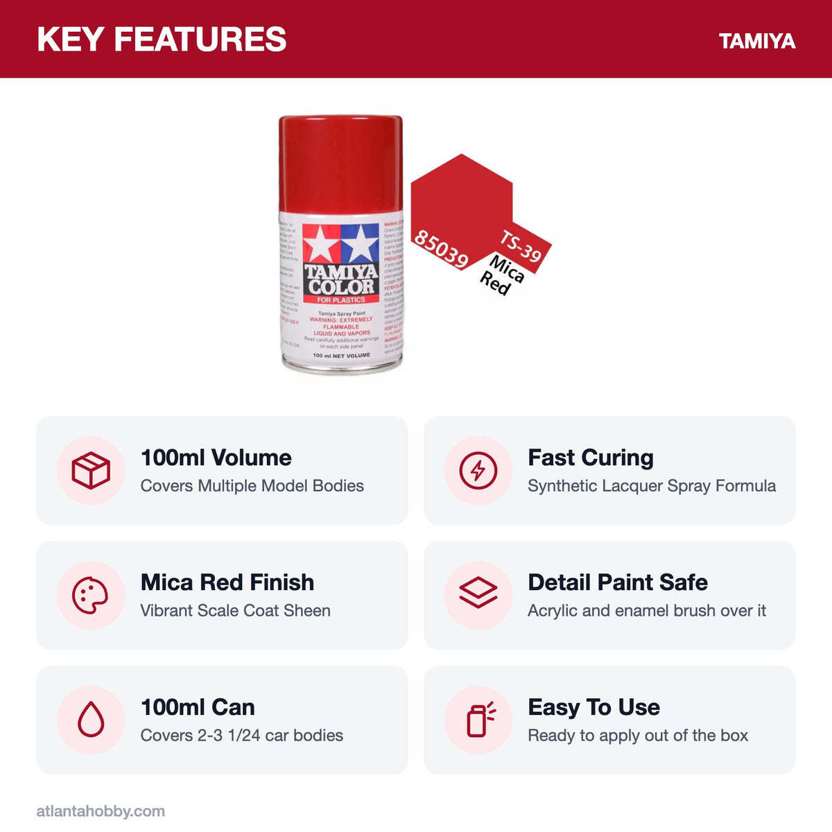 Tamiya TS-39 Mica Red Lacquer Spray Paint, 100ml key features