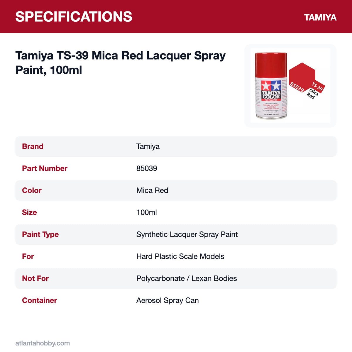 Tamiya TS-39 Mica Red Lacquer Spray Paint, 100ml specifications
