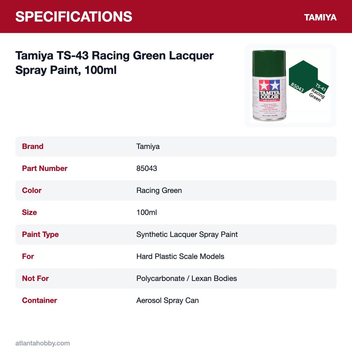 Tamiya TS-43 Racing Green Lacquer Spray Paint, 100ml specifications