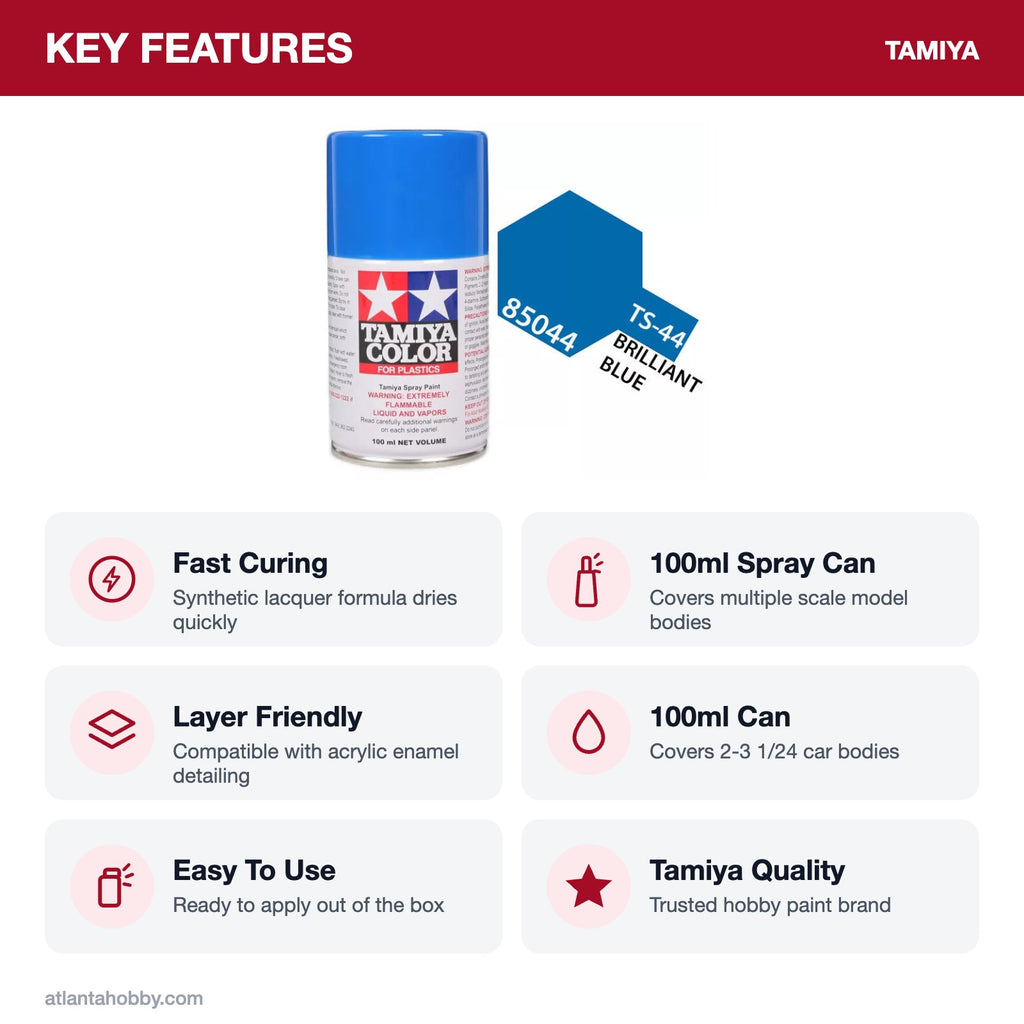 Tamiya TS-44 Brilliant Blue Lacquer Spray Paint, 100ml key features