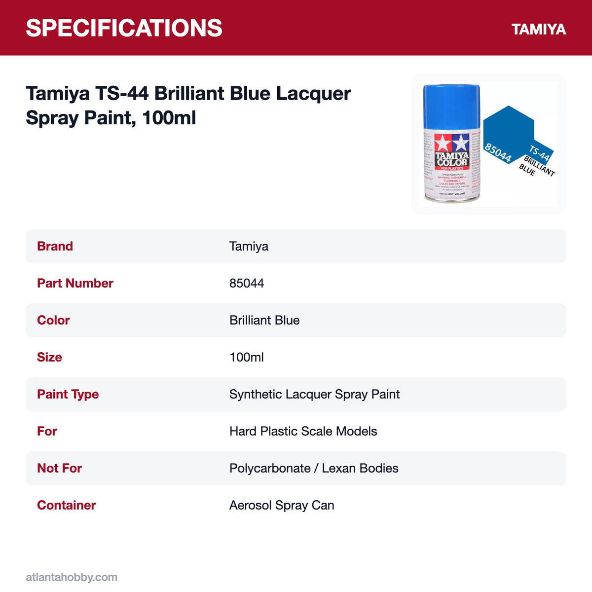 Tamiya TS-44 Brilliant Blue Lacquer Spray Paint, 100ml specifications