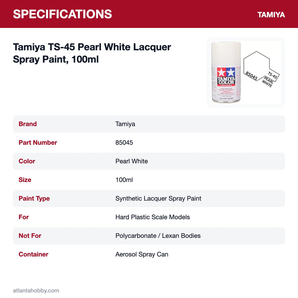 Tamiya TS-45 Pearl White Lacquer Spray Paint, 100ml specifications