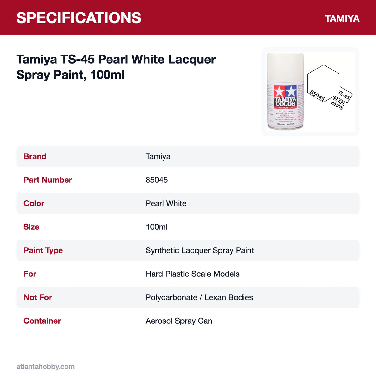 Tamiya TS-45 Pearl White Lacquer Spray Paint, 100ml specifications
