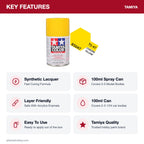 Tamiya TS-47 Chrome Yellow Lacquer Spray Paint, 100ml key features