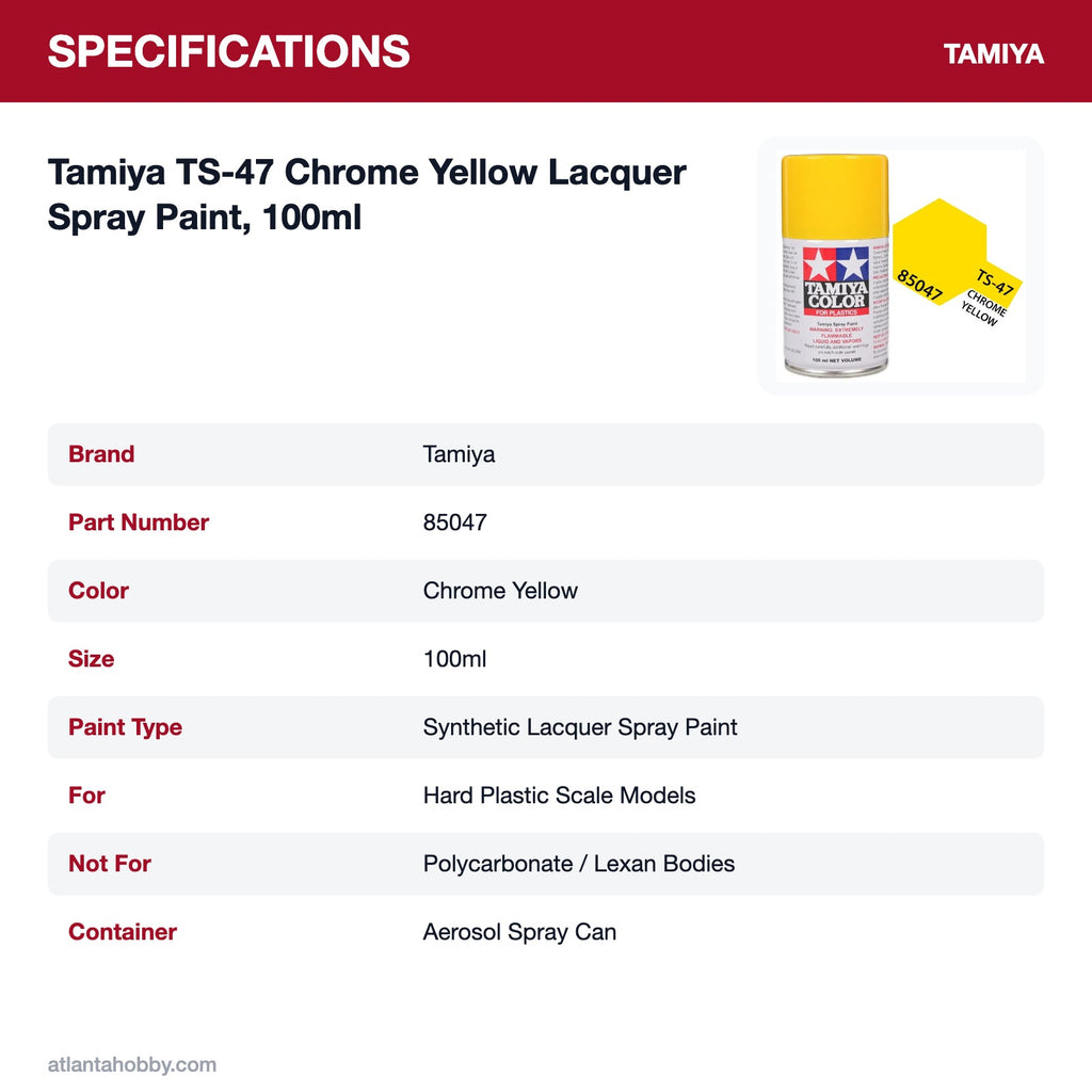 Tamiya TS-47 Chrome Yellow Lacquer Spray Paint, 100ml specifications