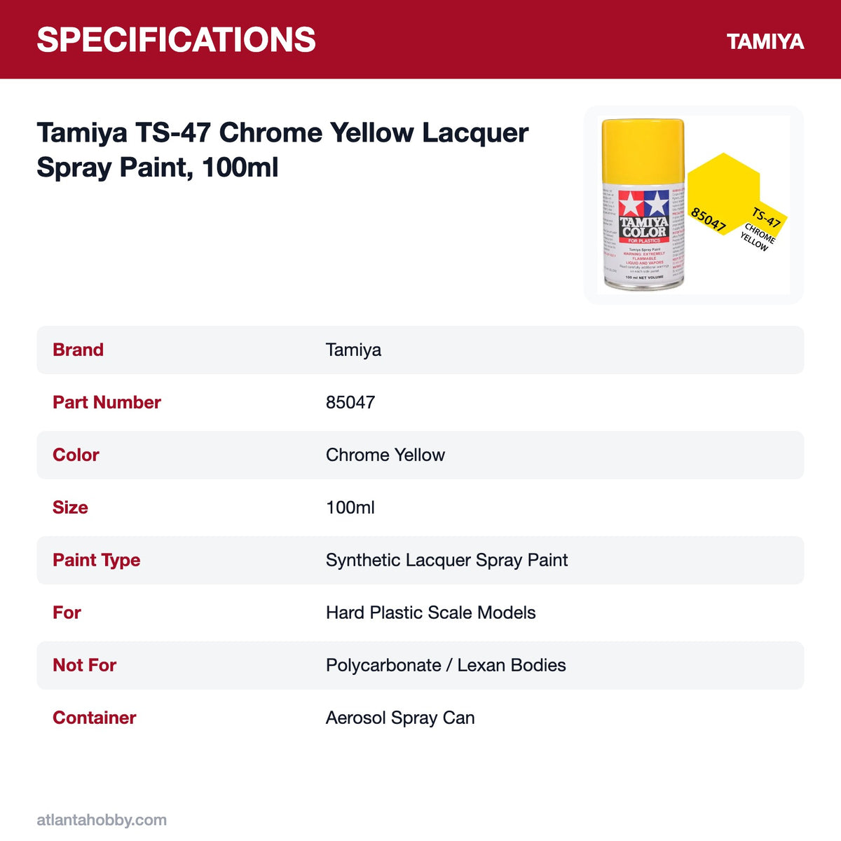 Tamiya TS-47 Chrome Yellow Lacquer Spray Paint, 100ml specifications