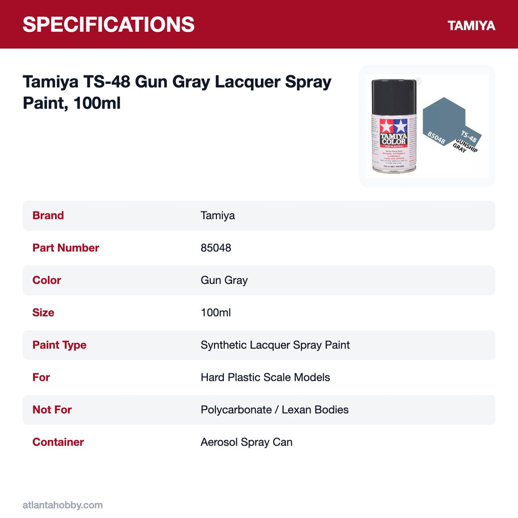 Tamiya TS-48 Gun Gray Lacquer Spray Paint, 100ml specifications