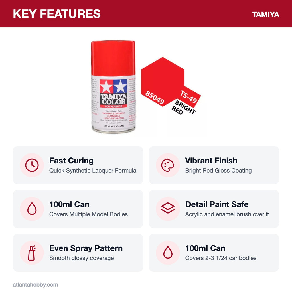 Tamiya TS-49 Bright Red Lacquer Spray Paint, 100ml key features