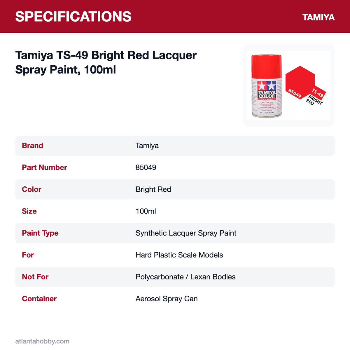Tamiya TS-49 Bright Red Lacquer Spray Paint, 100ml specifications