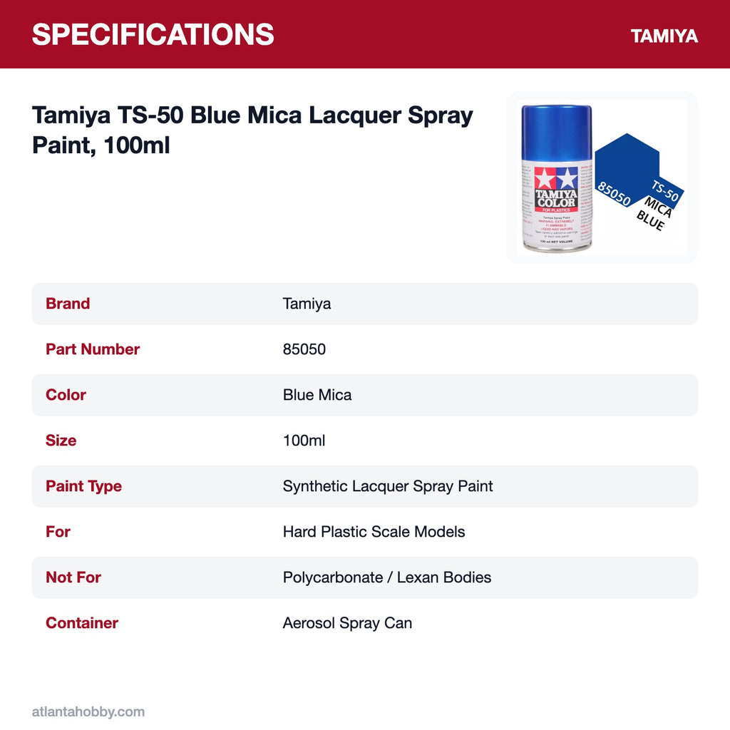 Tamiya TS-50 Blue Mica Lacquer Spray Paint, 100ml specifications