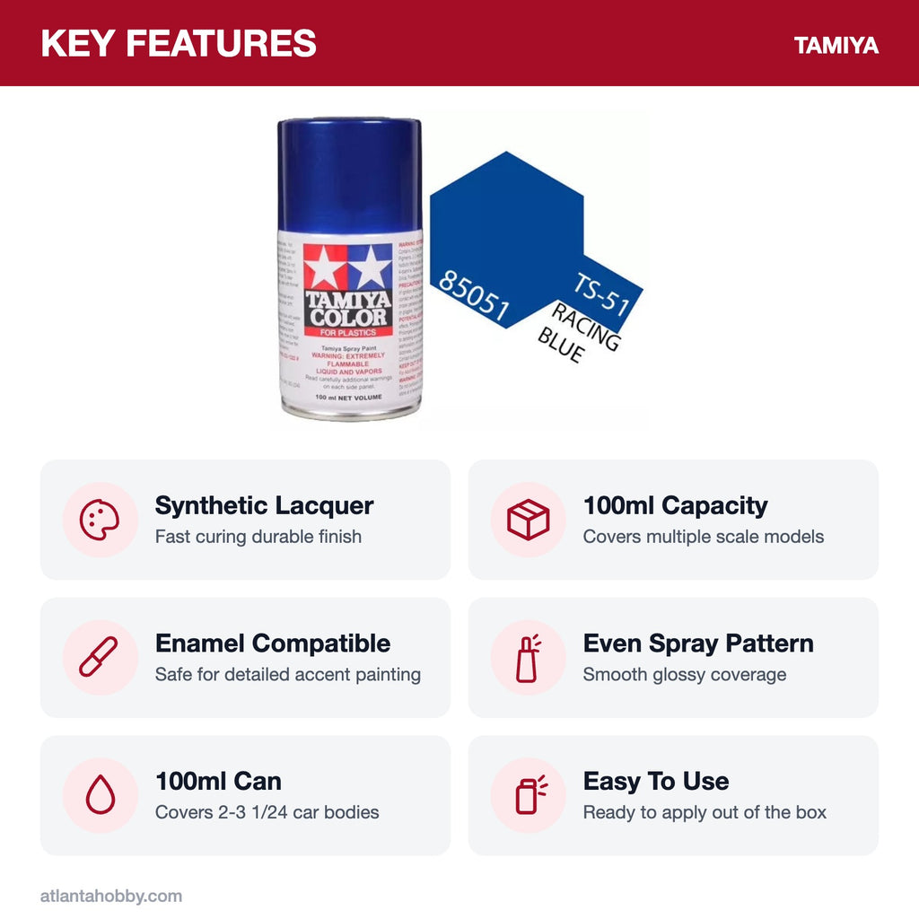 Tamiya TS-51 Racing Blue Lacquer Spray Paint, 100ml key features