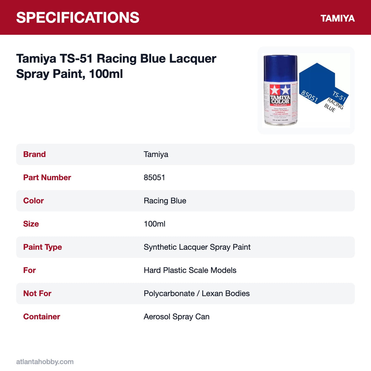 Tamiya TS-51 Racing Blue Lacquer Spray Paint, 100ml specifications