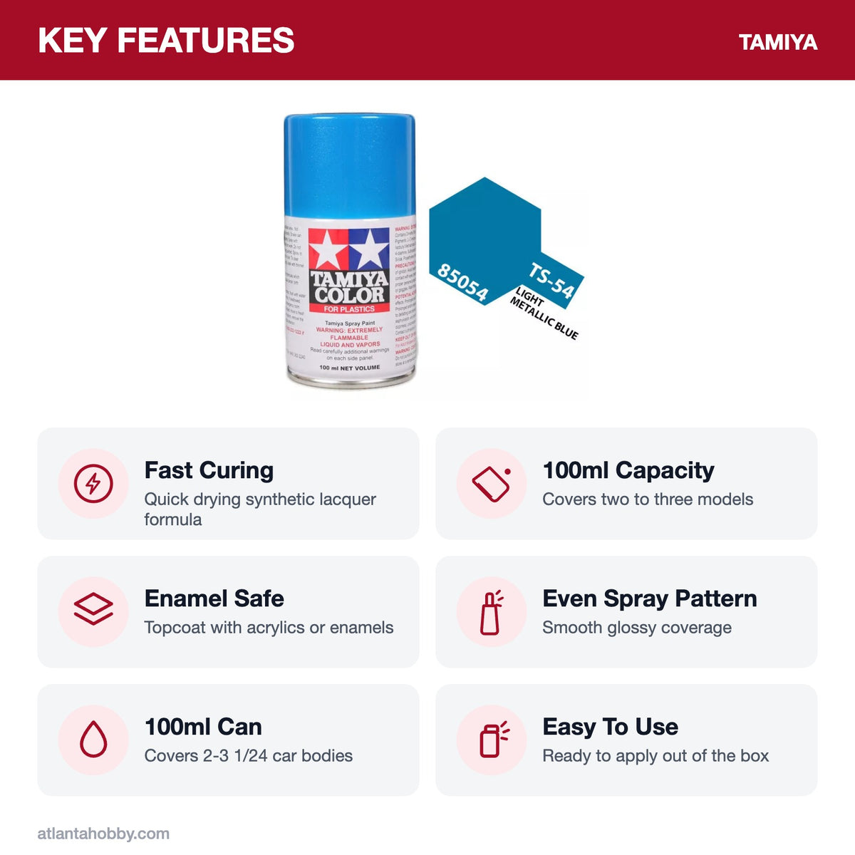 Tamiya TS-54 Light Metallic Blue Lacquer Spray Paint, 100ml key features
