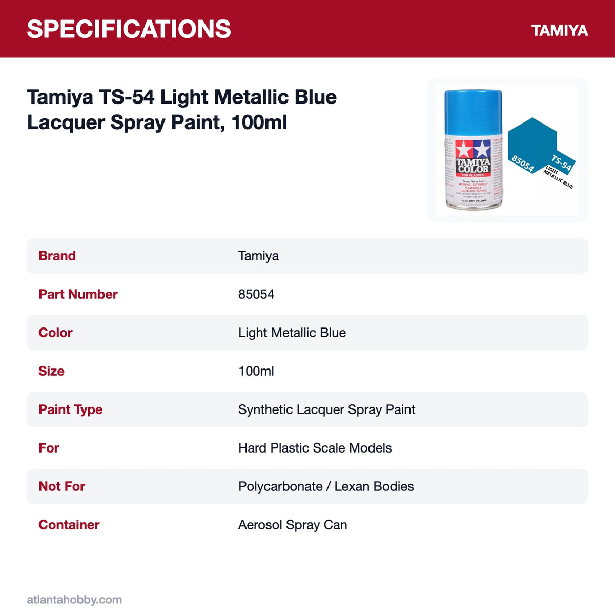 Tamiya TS-54 Light Metallic Blue Lacquer Spray Paint, 100ml specifications