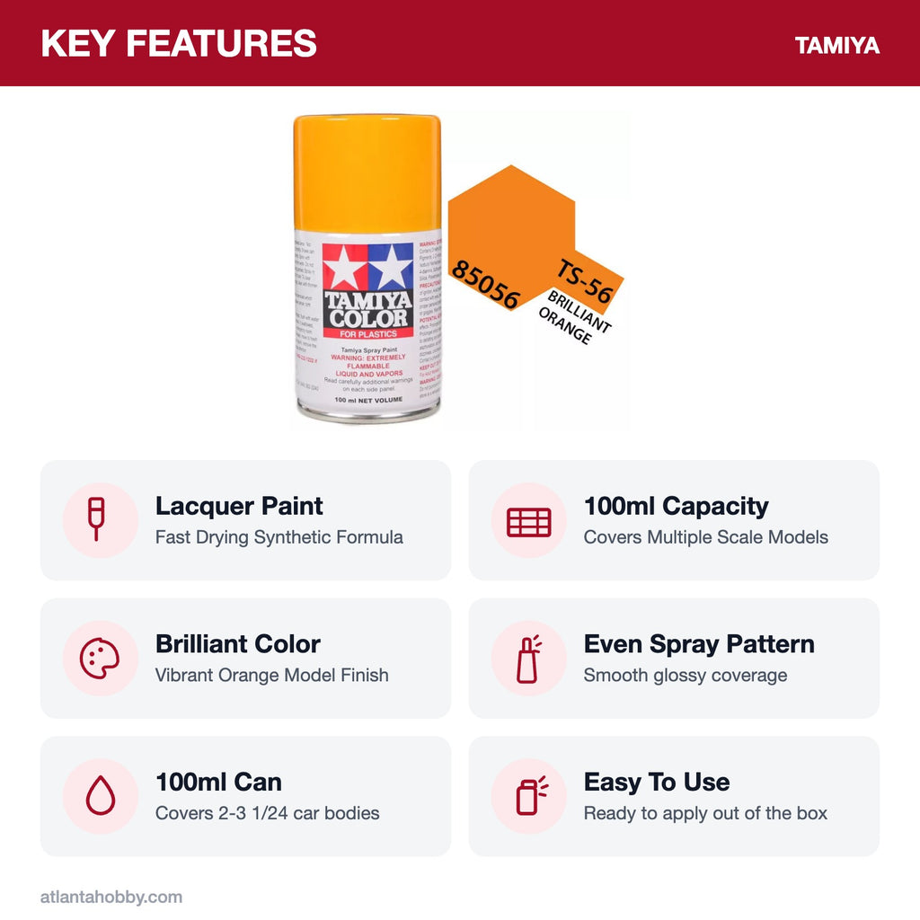 Tamiya TS-56 Brilliant Orange Lacquer Spray Paint, 100ml key features