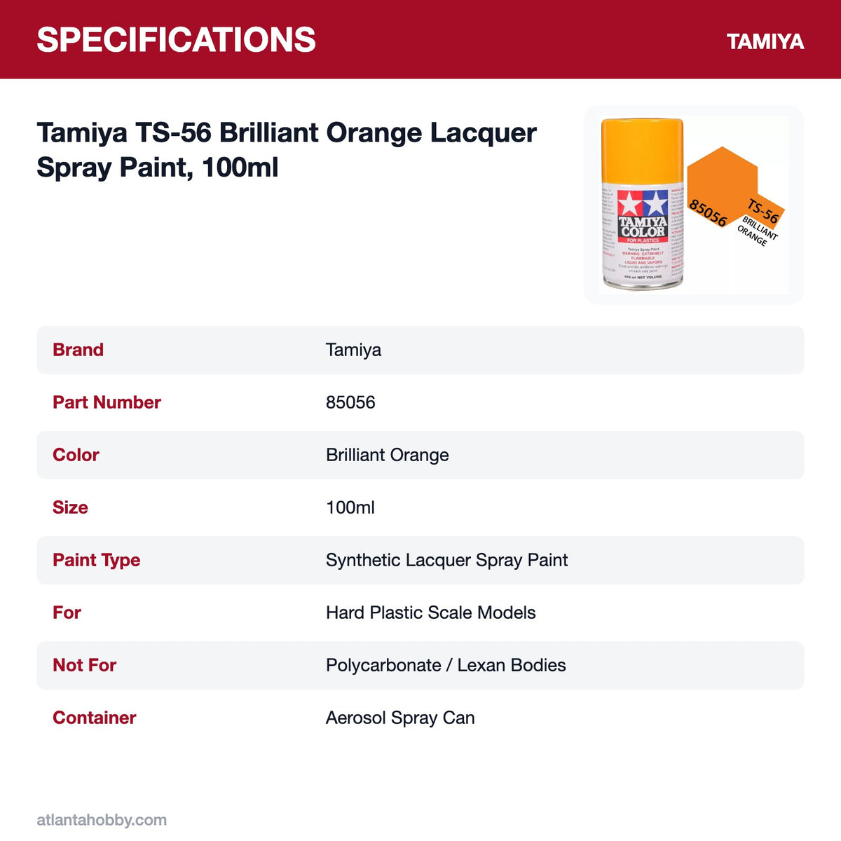 Tamiya TS-56 Brilliant Orange Lacquer Spray Paint, 100ml specifications