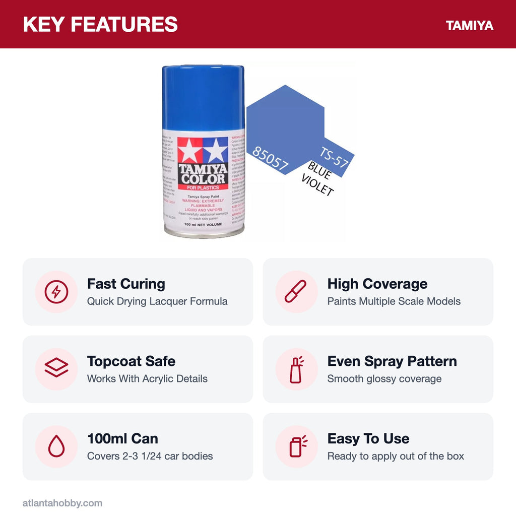 Tamiya TS-57 Blue Violet Lacquer Spray Paint, 100ml key features
