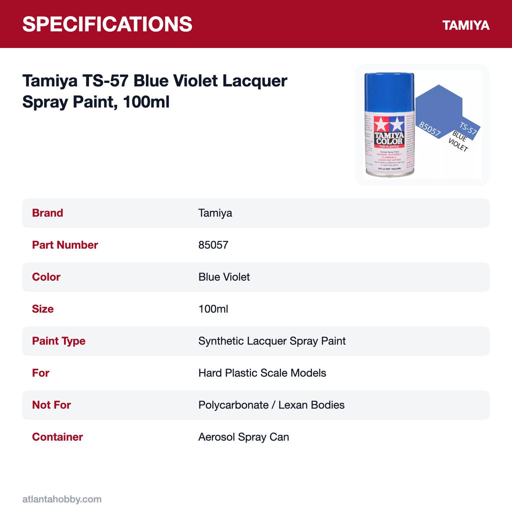 Tamiya TS-57 Blue Violet Lacquer Spray Paint, 100ml specifications