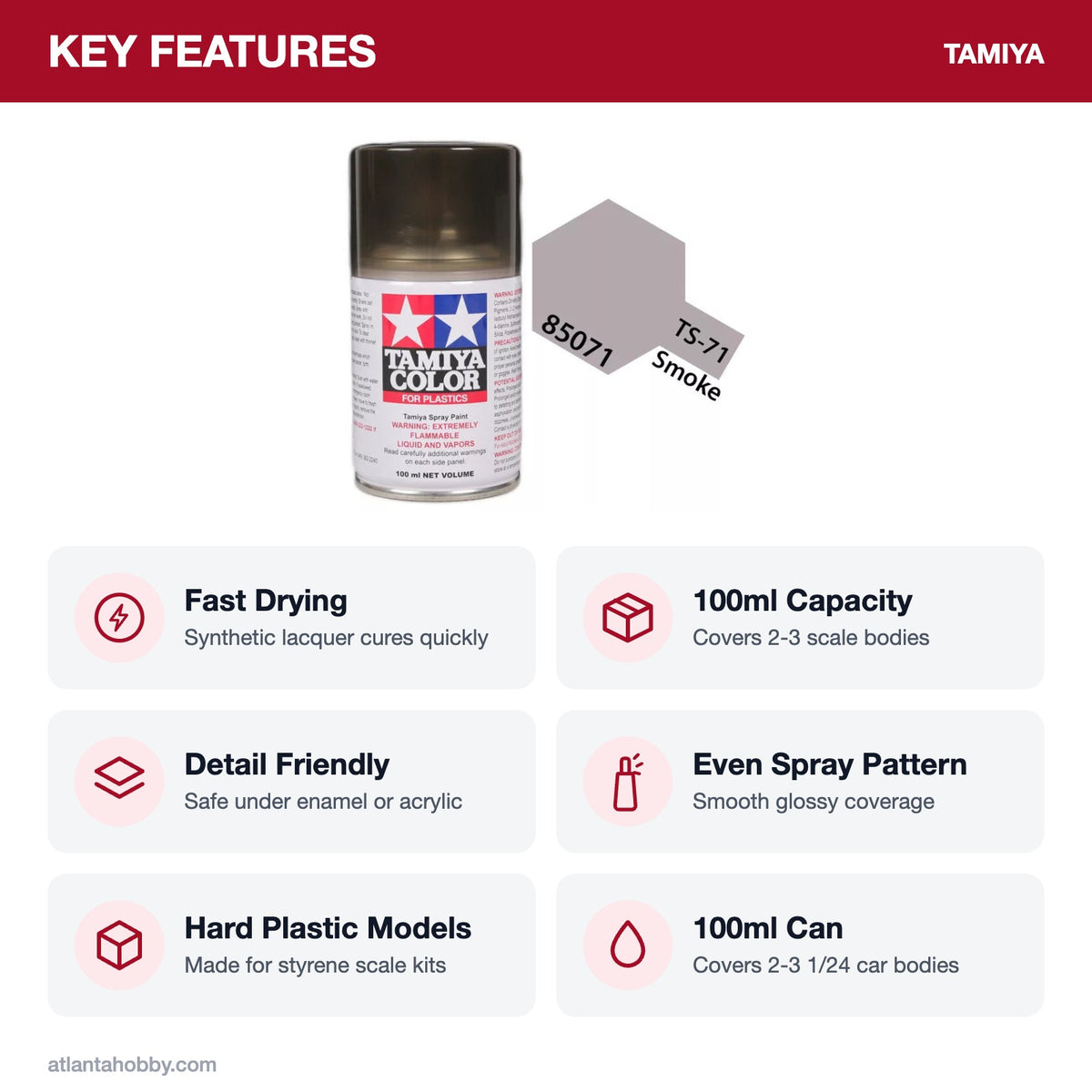 Tamiya TS-71 Smoke Lacquer Spray Paint, 100ml key features