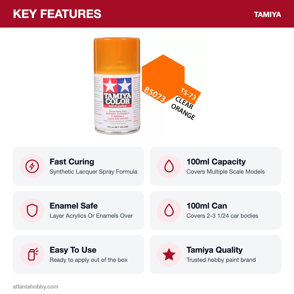 Tamiya TS-73 Clear Orange Lacquer Spray Paint, 100ml key features