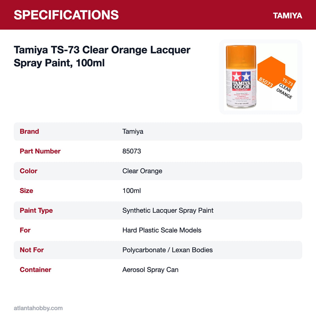 Tamiya TS-73 Clear Orange Lacquer Spray Paint, 100ml specifications