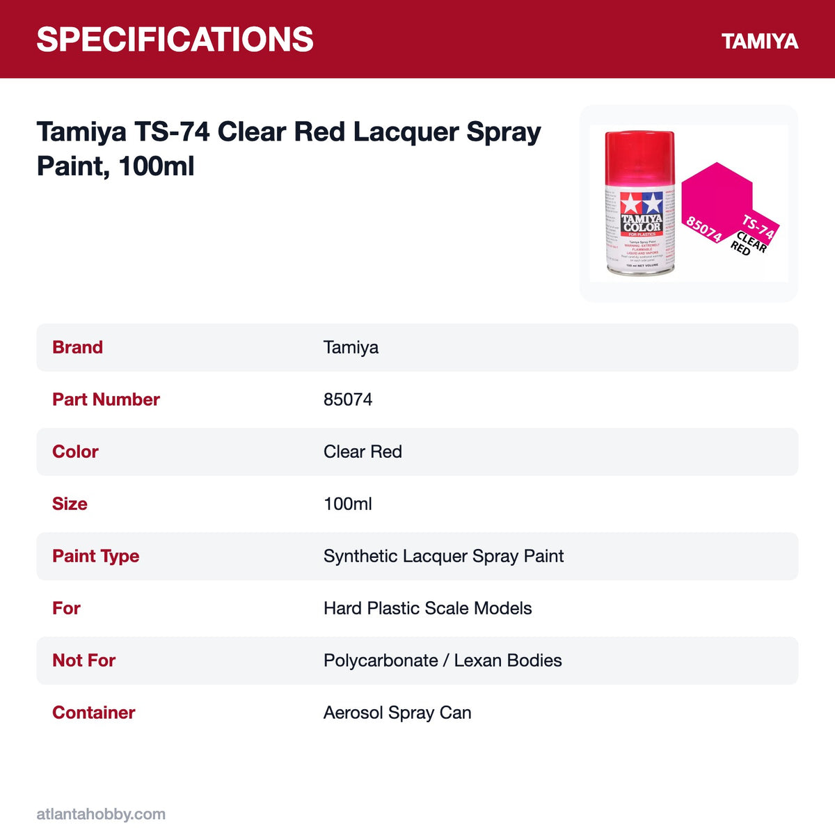Tamiya TS-74 Clear Red Lacquer Spray Paint, 100ml specifications