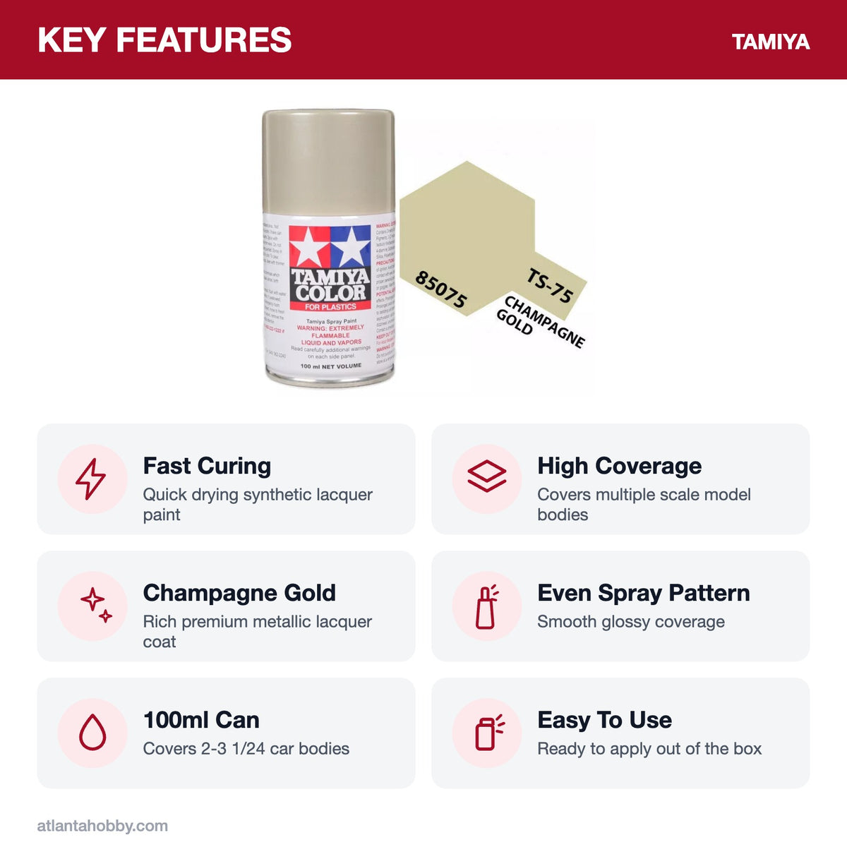 Tamiya TS-75 Champagne Gold Lacquer Spray Paint, 100ml key features