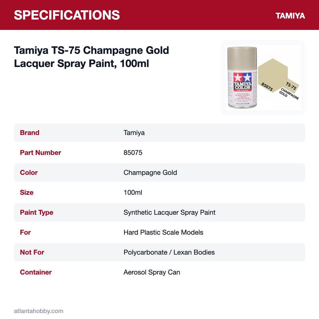 Tamiya TS-75 Champagne Gold Lacquer Spray Paint, 100ml specifications