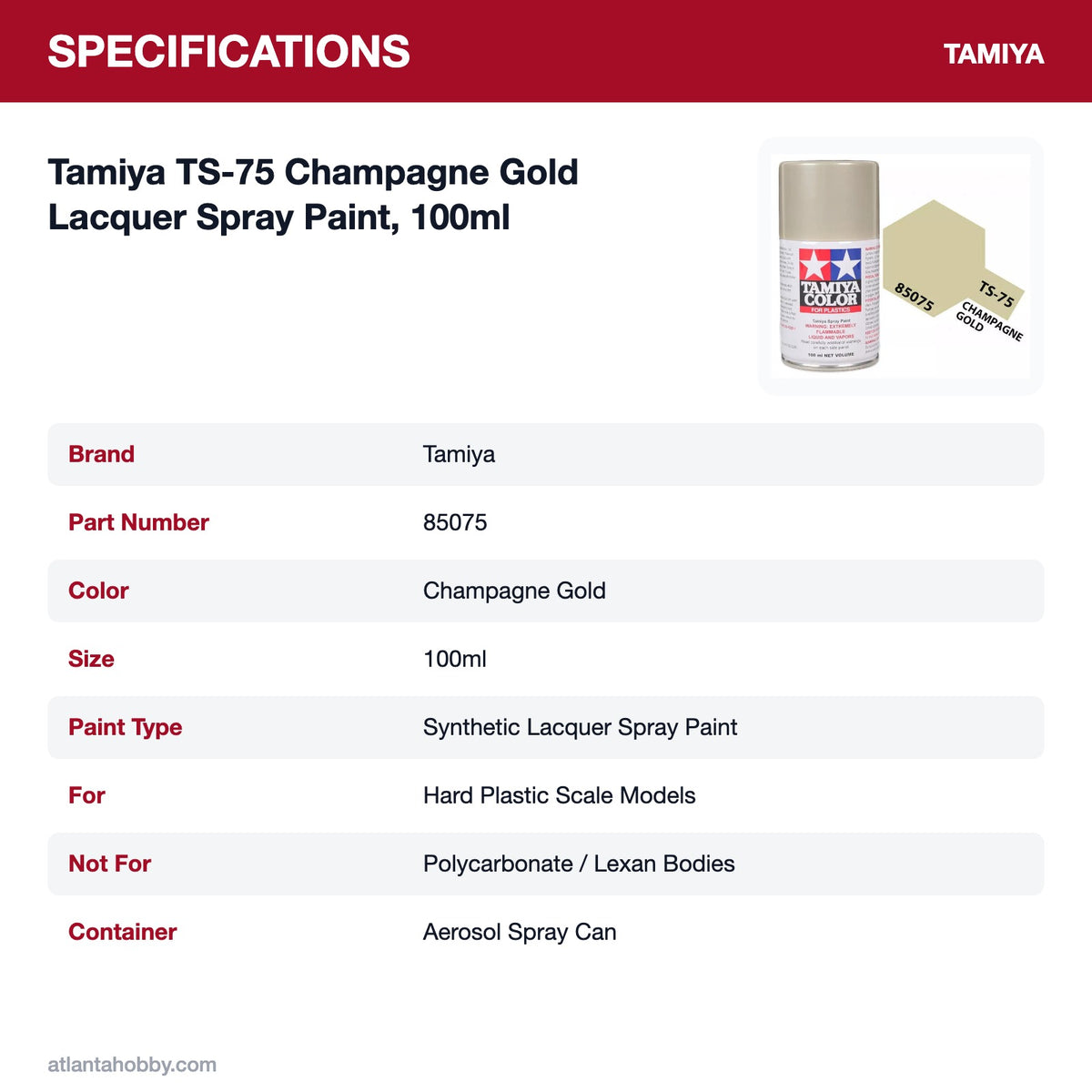 Tamiya TS-75 Champagne Gold Lacquer Spray Paint, 100ml specifications