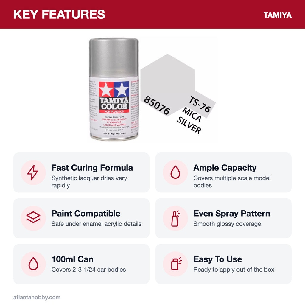 Tamiya TS-76 Mica Silver Lacquer Spray Paint, 100ml key features