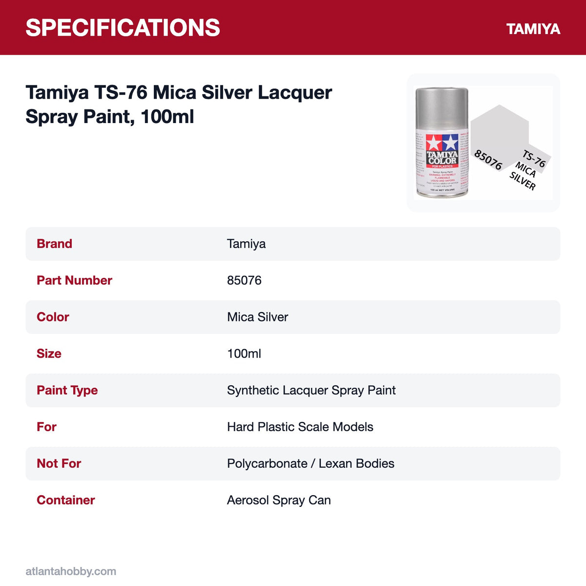 Tamiya TS-76 Mica Silver Lacquer Spray Paint, 100ml specifications