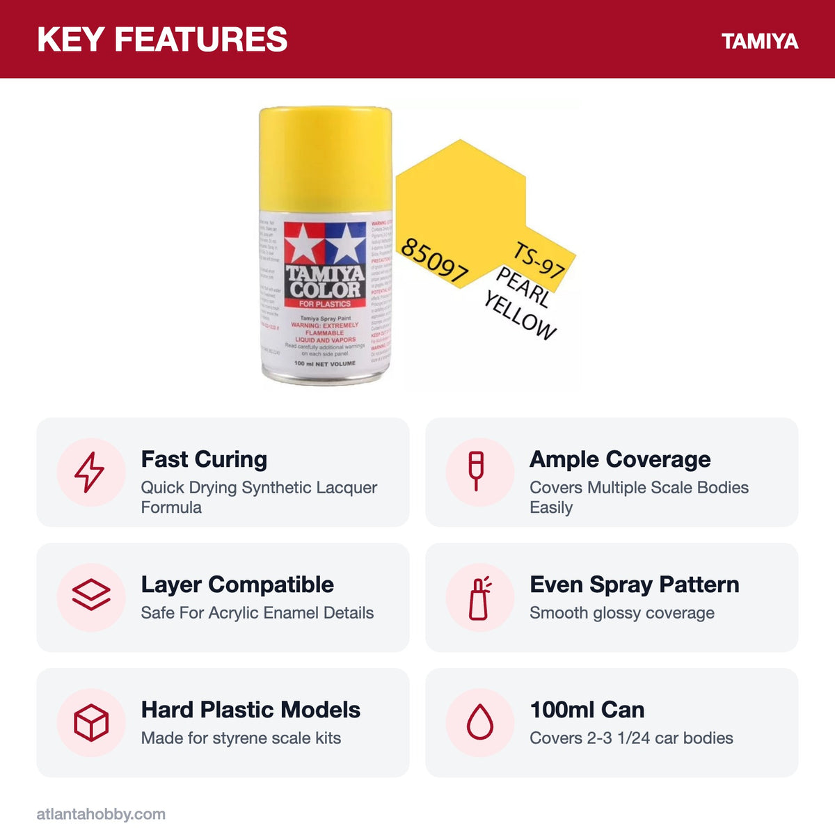 Tamiya TS-97 Pearl Yellow Lacquer Spray Paint, 100ml key features