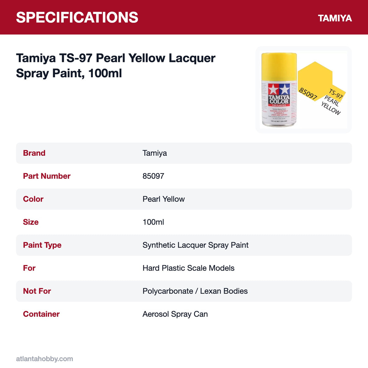 Tamiya TS-97 Pearl Yellow Lacquer Spray Paint, 100ml specifications