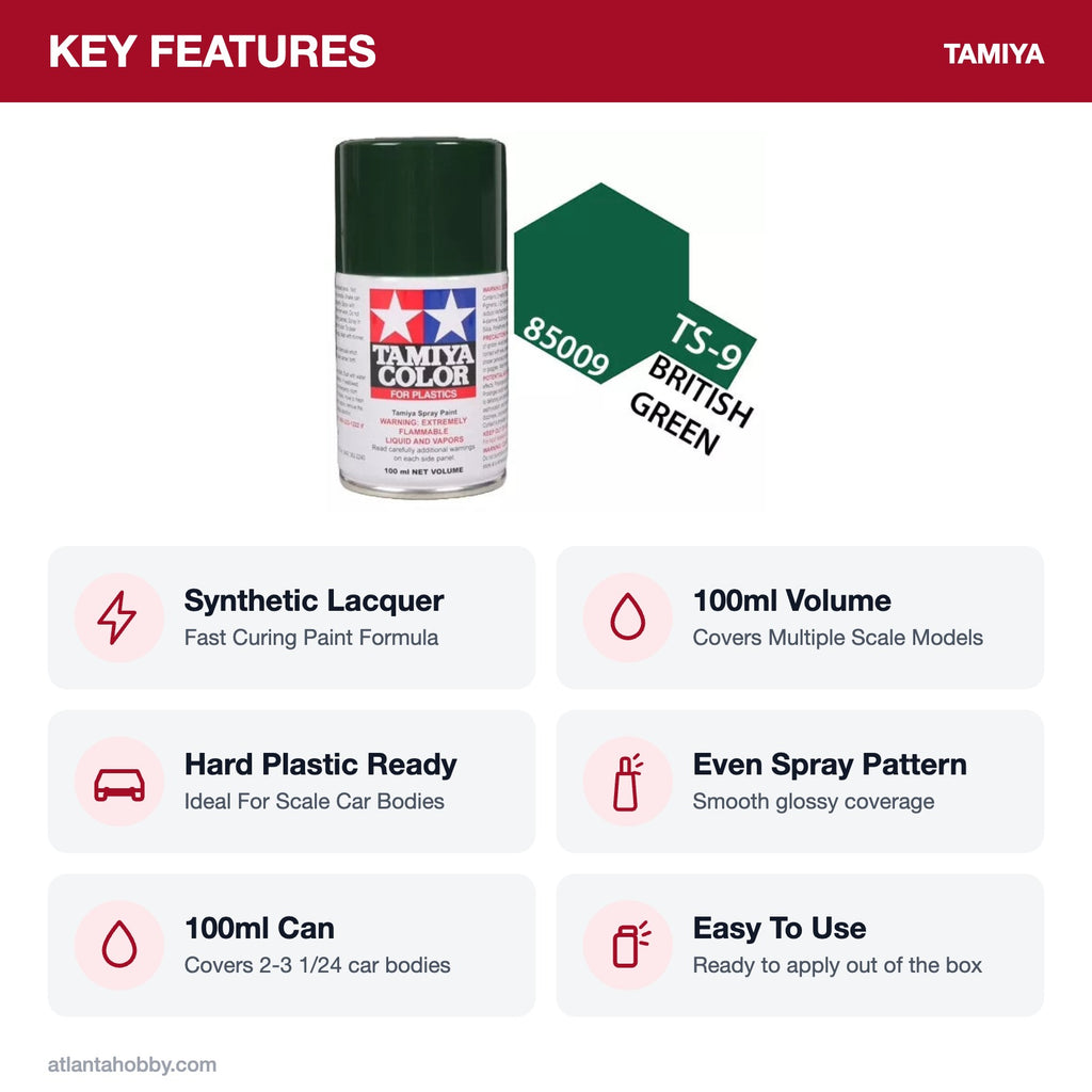 Tamiya TS-9 Racing Green Lacquer Spray Paint, 100ml key features