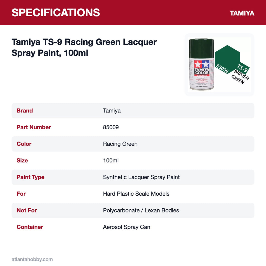 Tamiya TS-9 Racing Green Lacquer Spray Paint, 100ml specifications