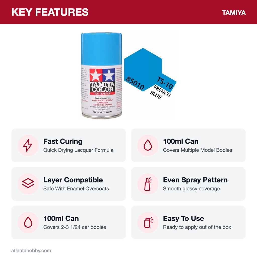 Tamiya TS-10 French Blue Lacquer Spray Paint, 100ml key features