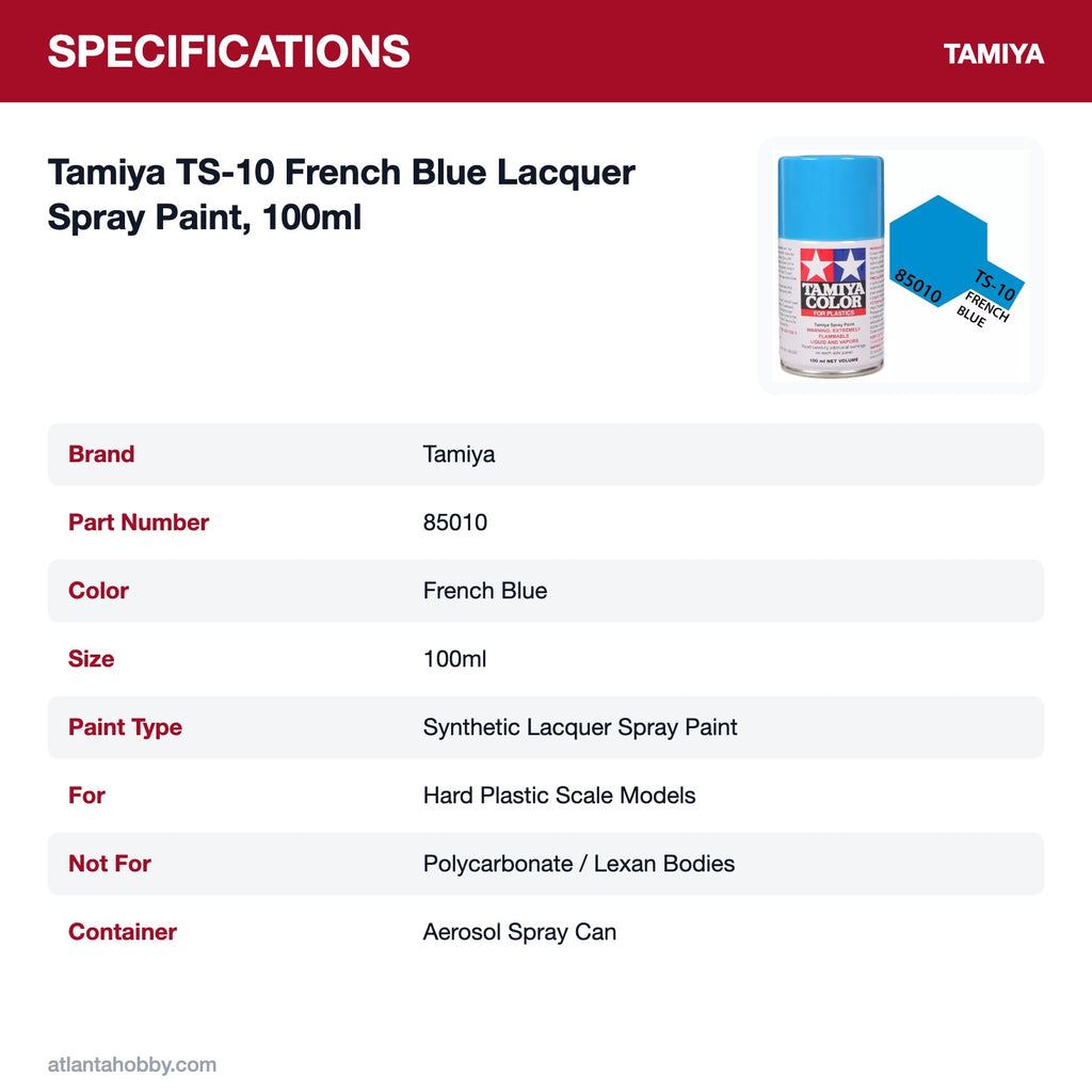 Tamiya TS-10 French Blue Lacquer Spray Paint, 100ml specifications