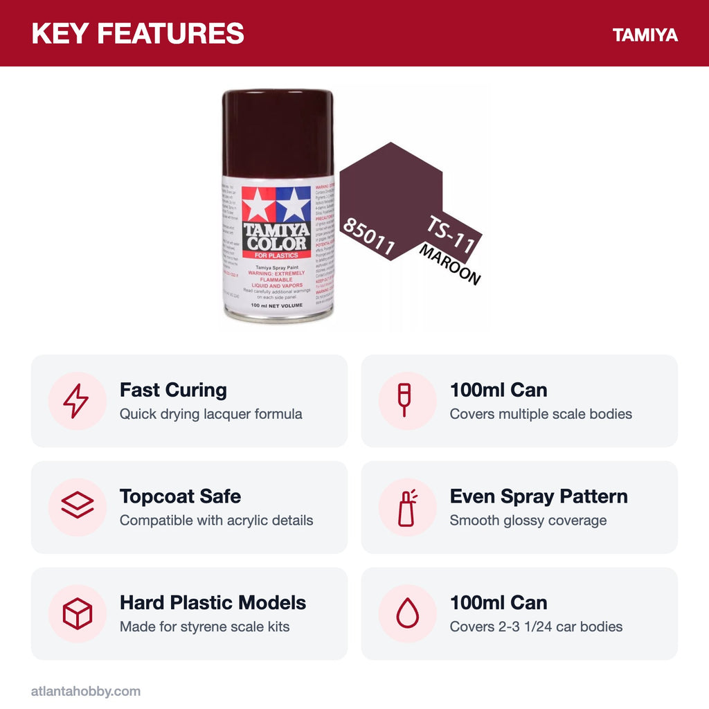 Tamiya TS-11 Maroon Lacquer Spray Paint, 100ml key features