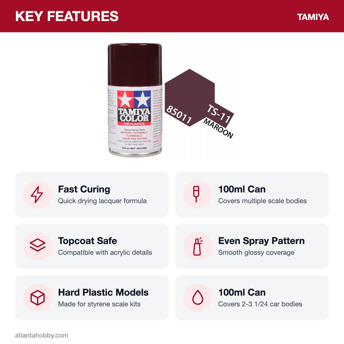 Tamiya TS-11 Maroon Lacquer Spray Paint, 100ml key features