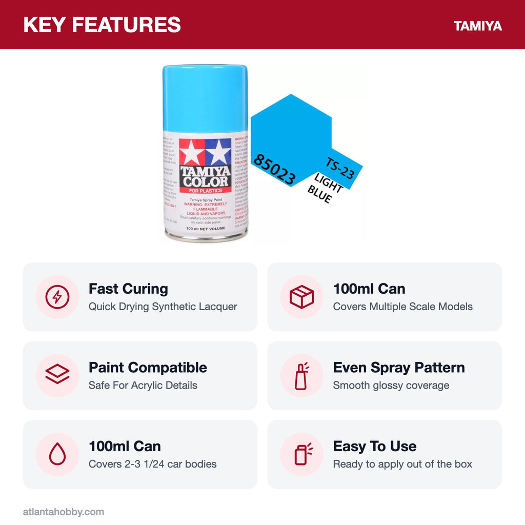 Tamiya TS-23 Light Blue Lacquer Spray Paint, 100ml key features