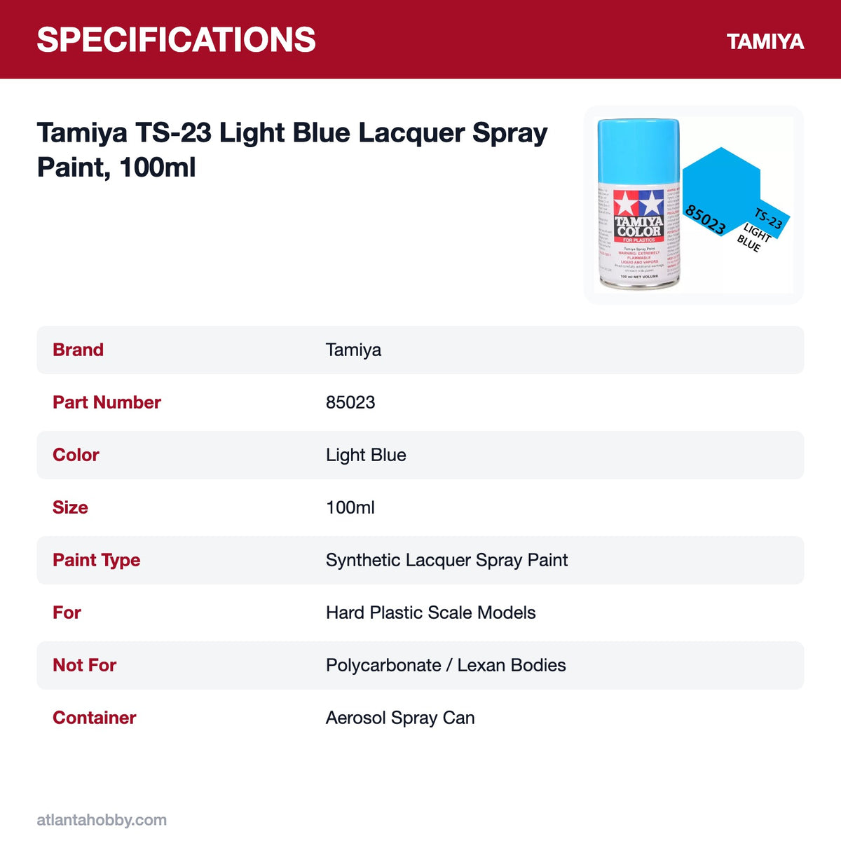 Tamiya TS-23 Light Blue Lacquer Spray Paint, 100ml specifications