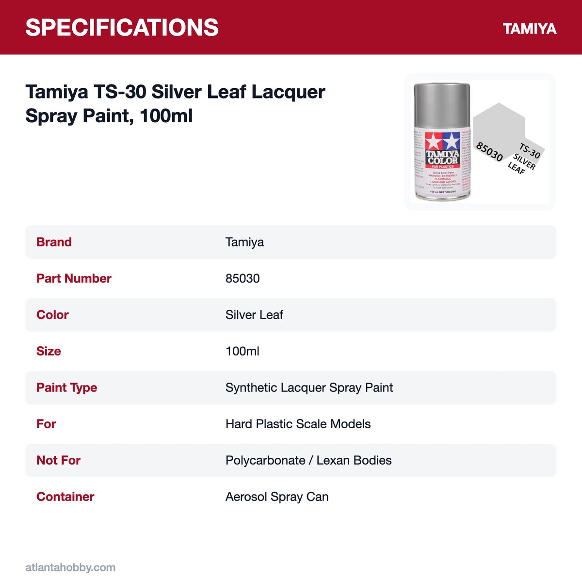 Tamiya TS-30 Silver Leaf Lacquer Spray Paint, 100ml specifications