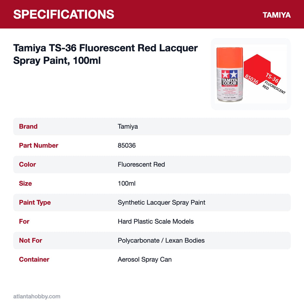 Tamiya TS-36 Fluorescent Red Lacquer Spray Paint, 100ml specifications