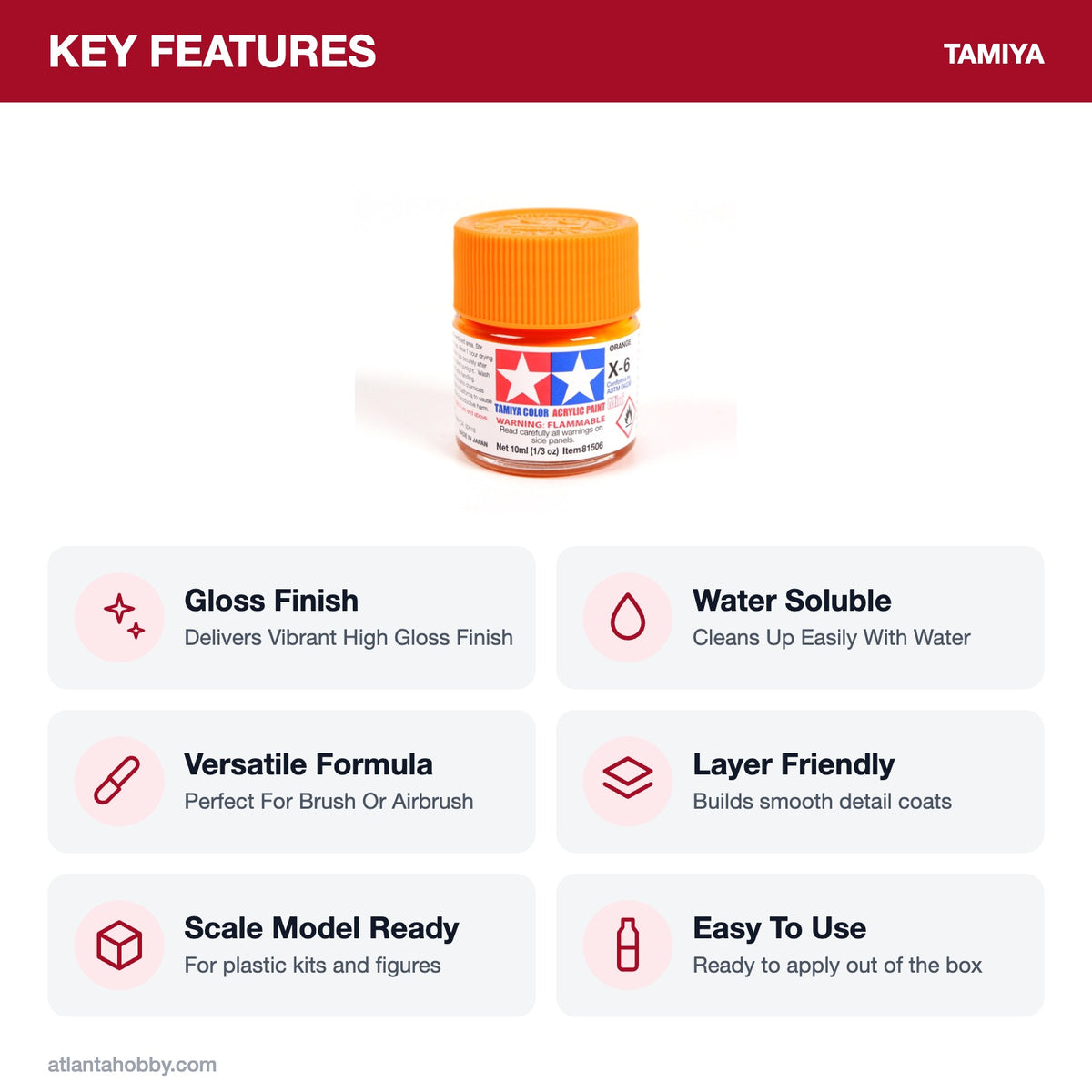 Tamiya Acrylic Mini X-6 Orange Paint, 10ml key features