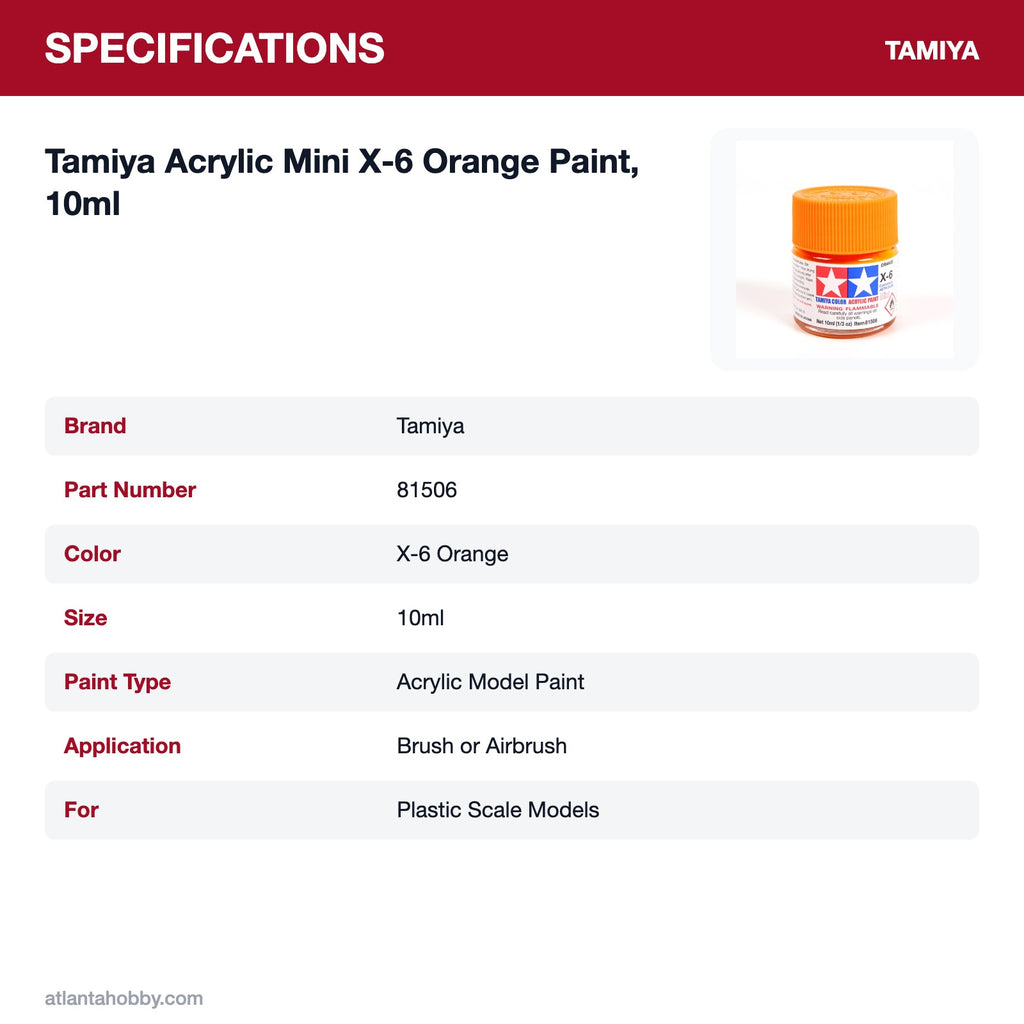 Tamiya Acrylic Mini X-6 Orange Paint, 10ml specifications