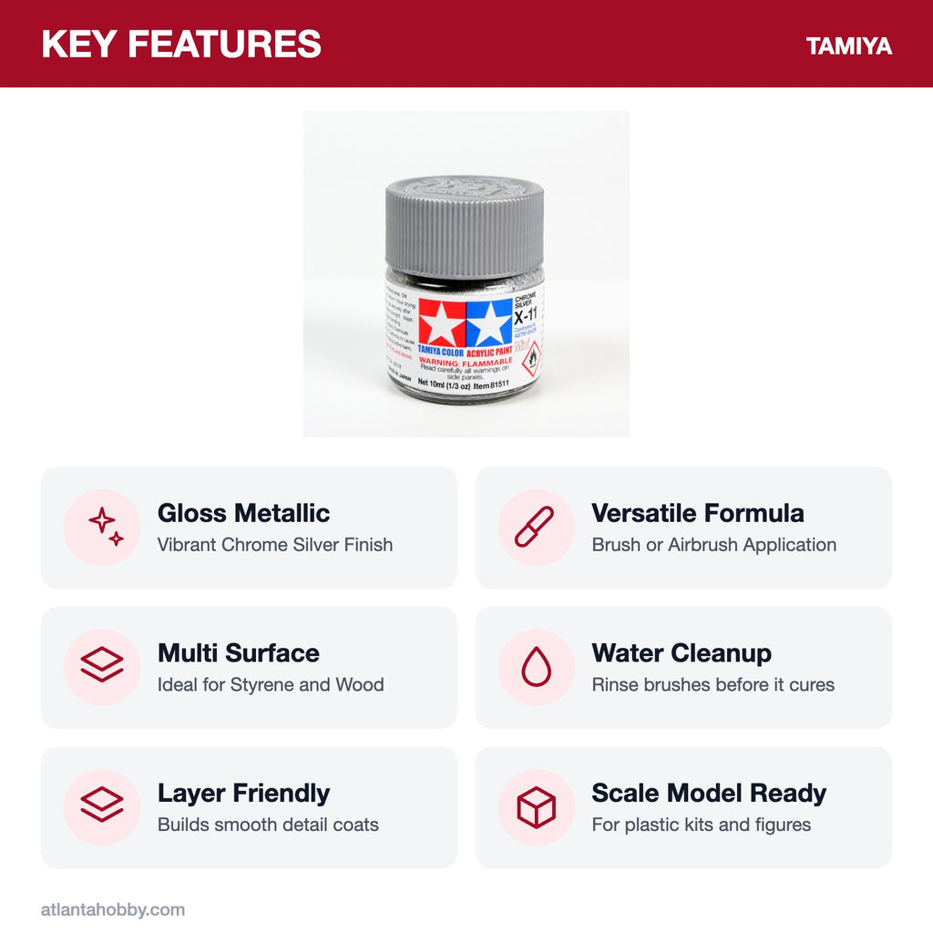 Tamiya Acrylic Mini X-11 Chrome Silver Paint, 10ml key features